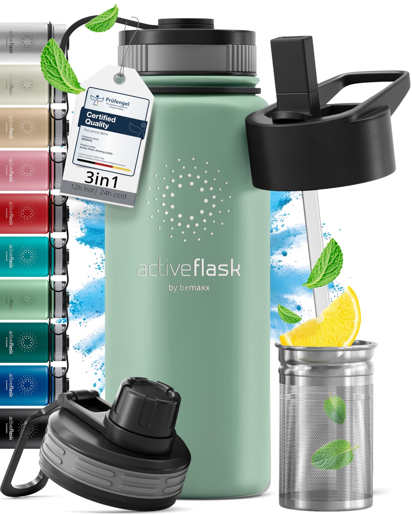 Gourde Inox Isotherme avec 3 Bouchons + Infuseur Thé/Fruits | Sans BPA