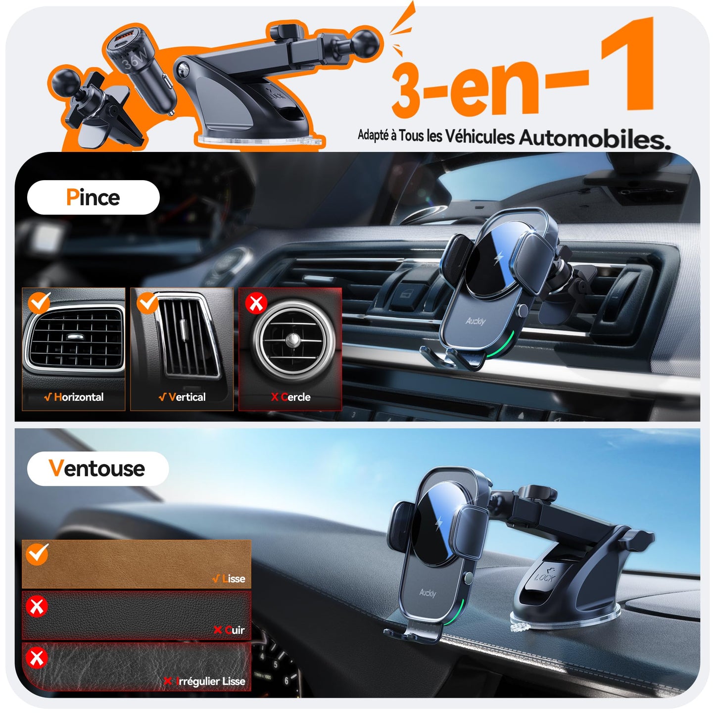 Auckly 15w Support Telephone Voiture Induction,【60W QC3.0】 Chargeur Induction Voiture Rapide Clip Chargeur sans Fil Voiture pour iPhone 15 14 13 12 Pro Max Mini Plus Samsung