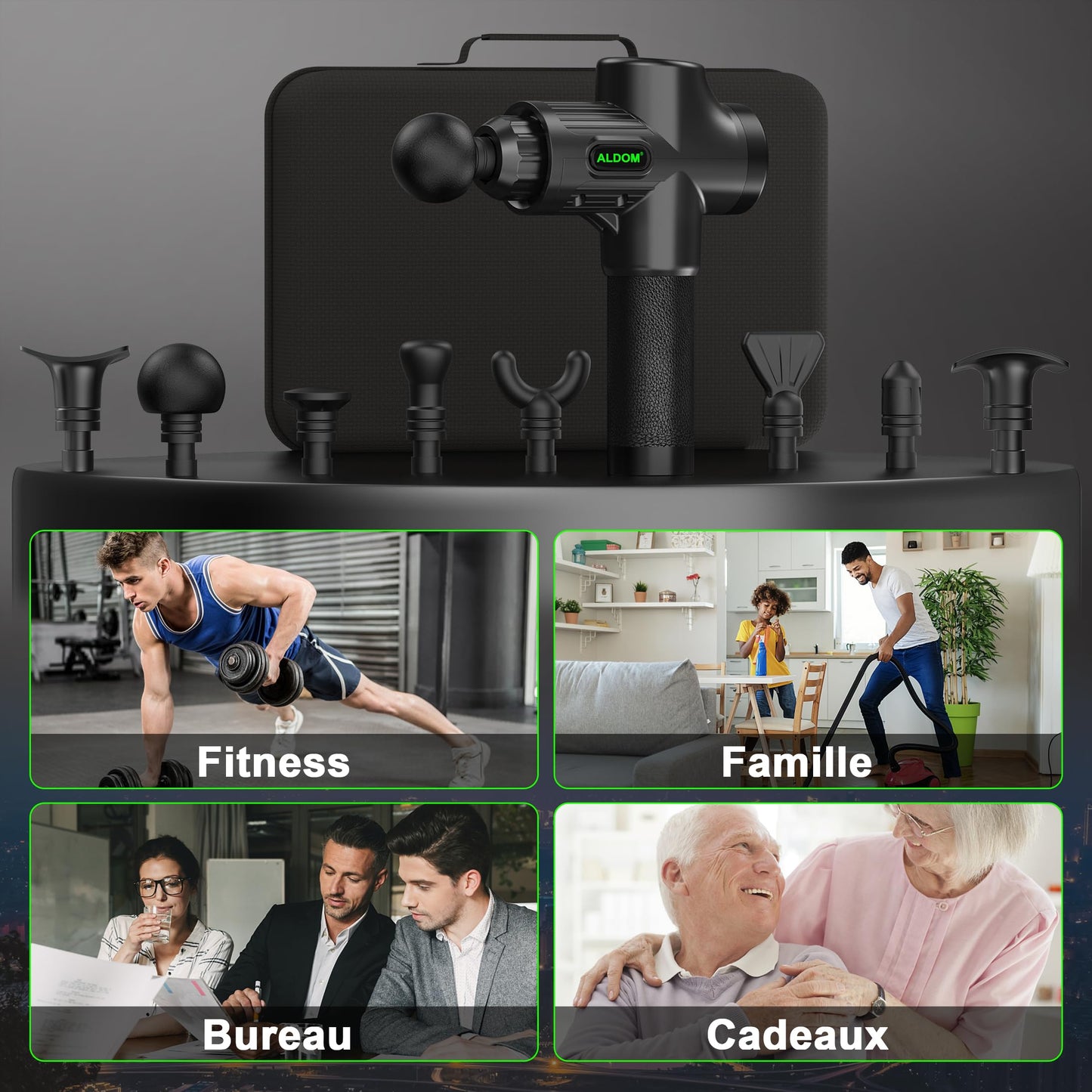 Pistolet de Massage Musculaire ALDOM Appareil de Massage Masseur de Muscle Profonds avec 30 Niveaux Réglables, 6 Têtes de Massage et l'Écran LCD Pour Soulager Douleurs et Raideurs Musculaires