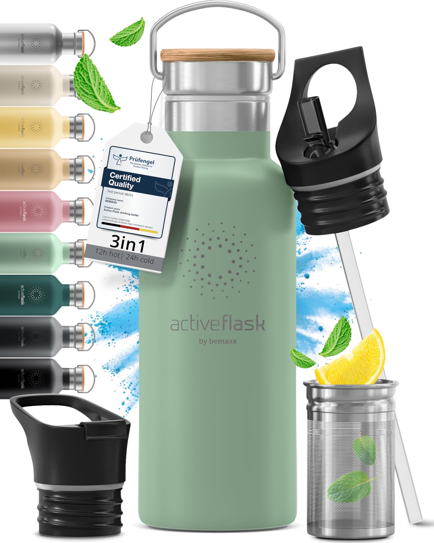 Gourde Inox Isotherme avec 3 Bouchons + Infuseur Thé/Fruits | Sans BPA