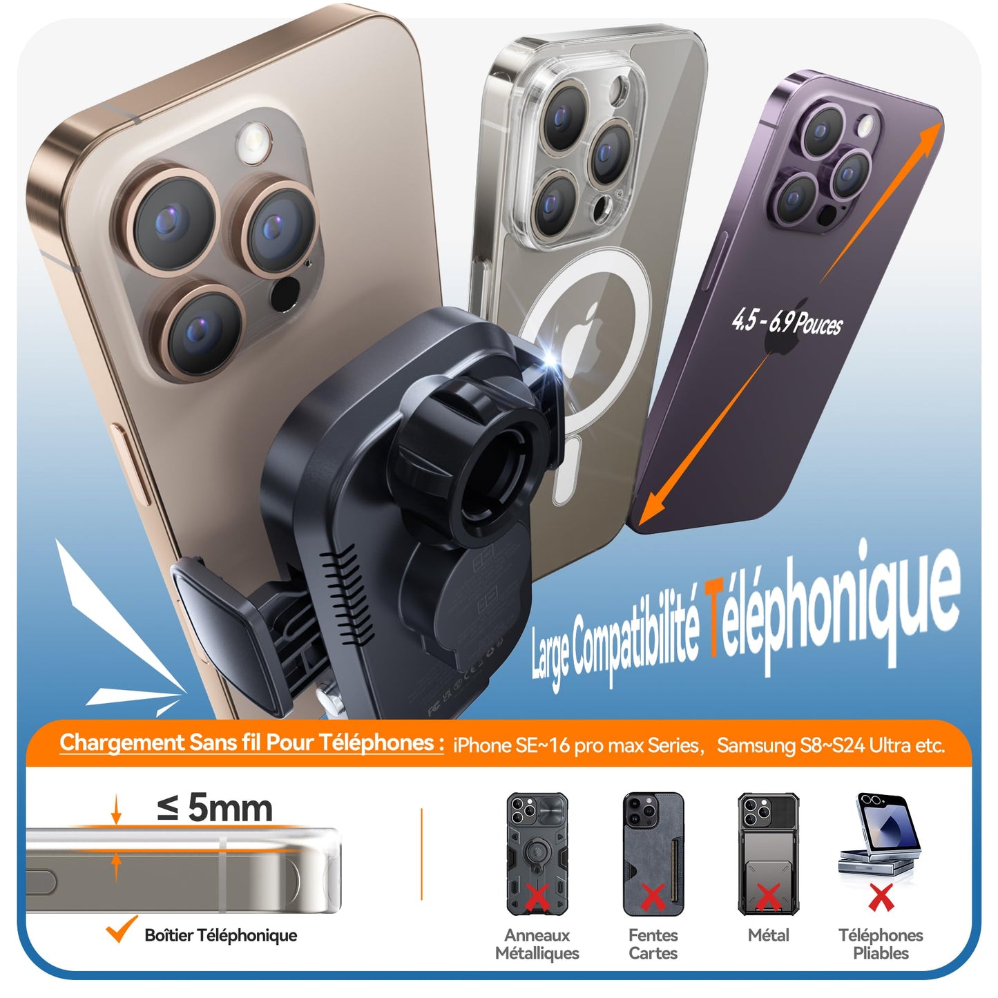 Auckly 15w Support Telephone Voiture Induction,【60W QC3.0】 Chargeur Induction Voiture Rapide Clip Chargeur sans Fil Voiture pour iPhone 15 14 13 12 Pro Max Mini Plus Samsung
