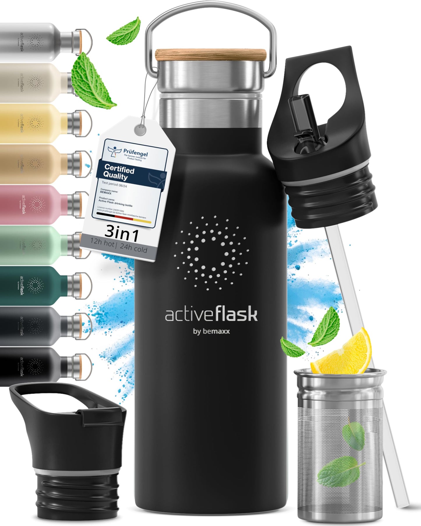 Gourde Inox Isotherme avec 3 Bouchons + Infuseur Thé/Fruits | Sans BPA