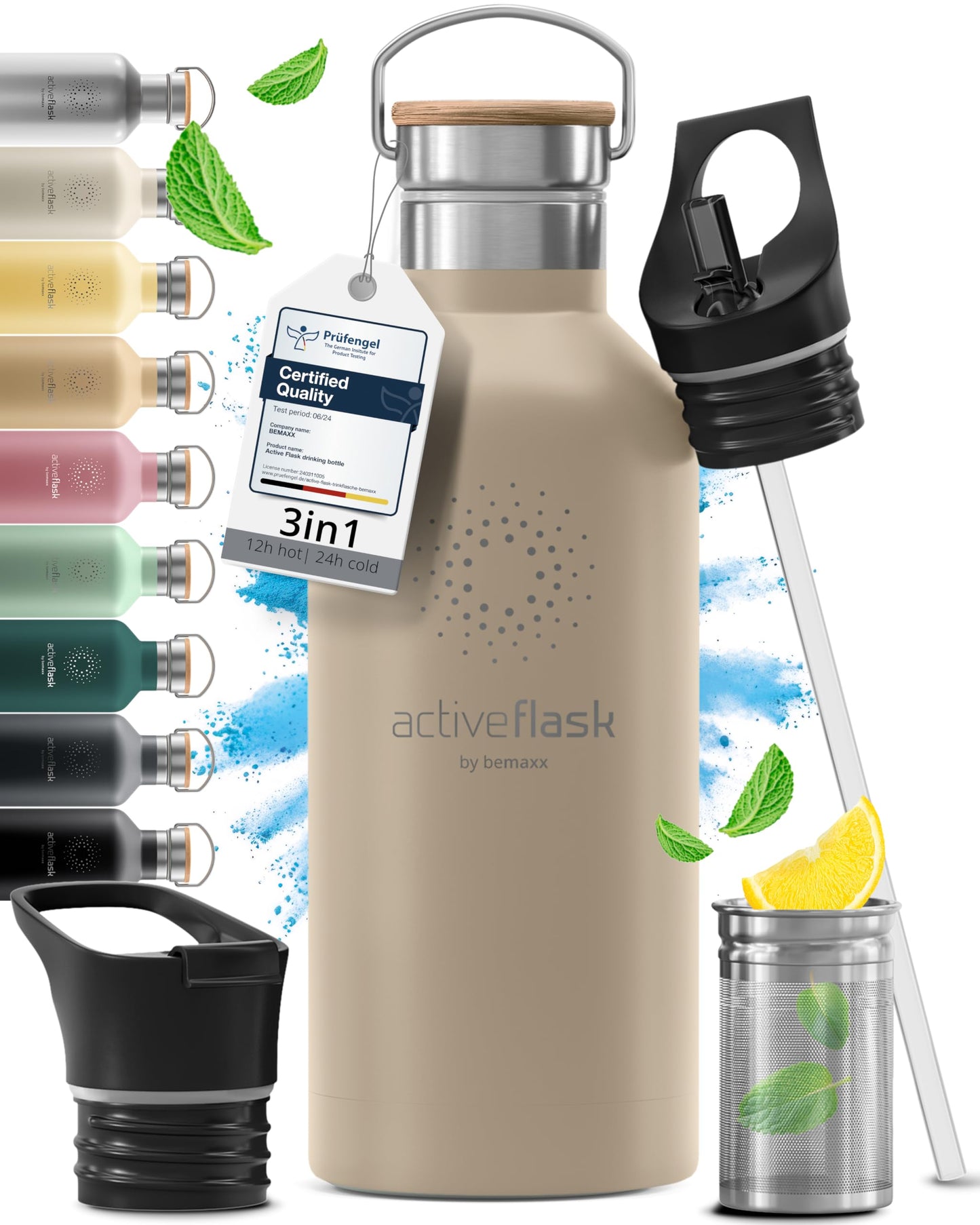 Gourde Inox Isotherme avec 3 Bouchons + Infuseur Thé/Fruits | Sans BPA