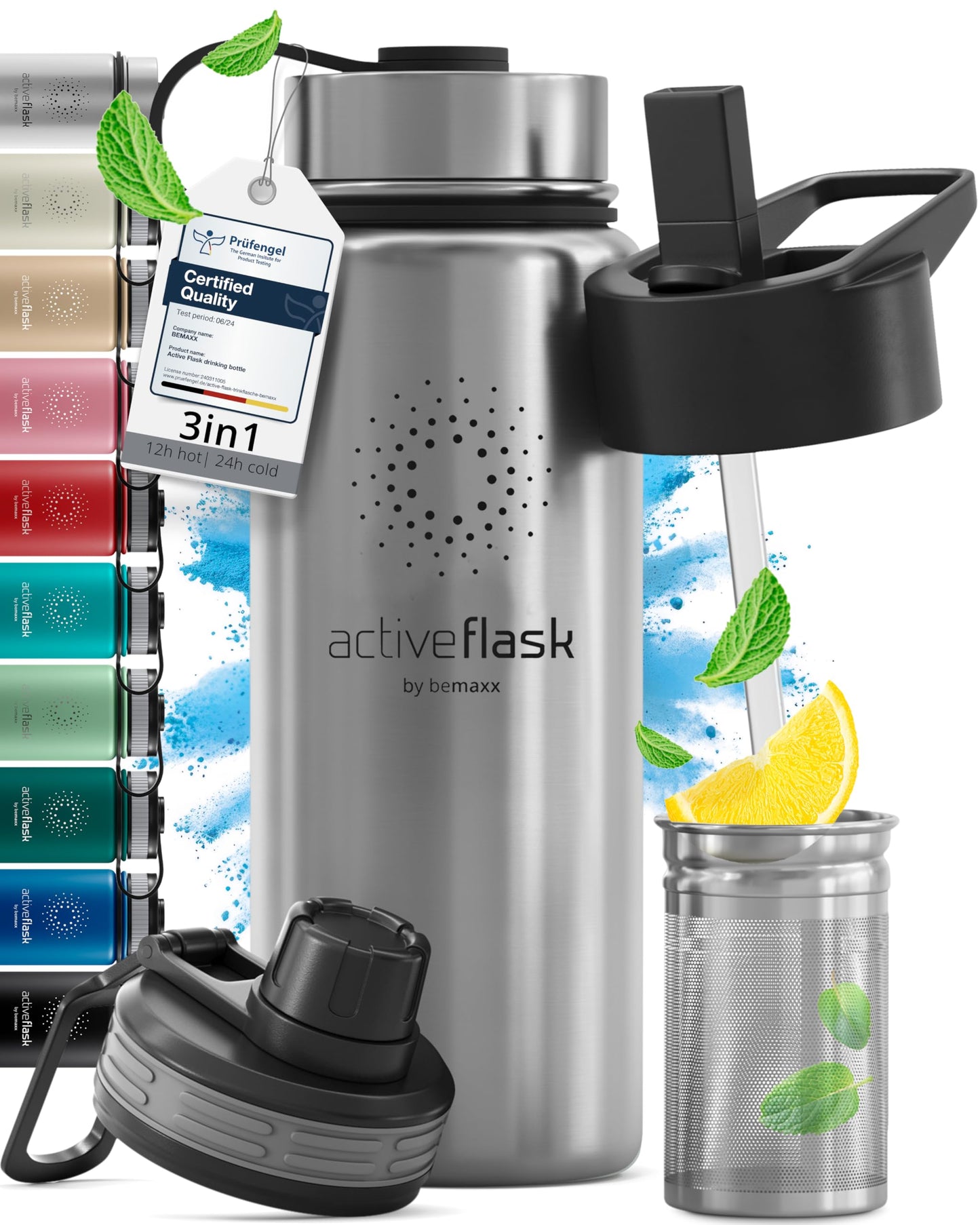 Gourde Inox Isotherme avec 3 Bouchons + Infuseur Thé/Fruits | Sans BPA