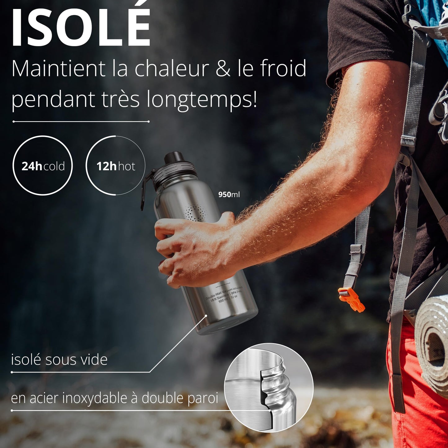 Gourde Inox Isotherme avec 3 Bouchons + Infuseur Thé/Fruits | Sans BPA