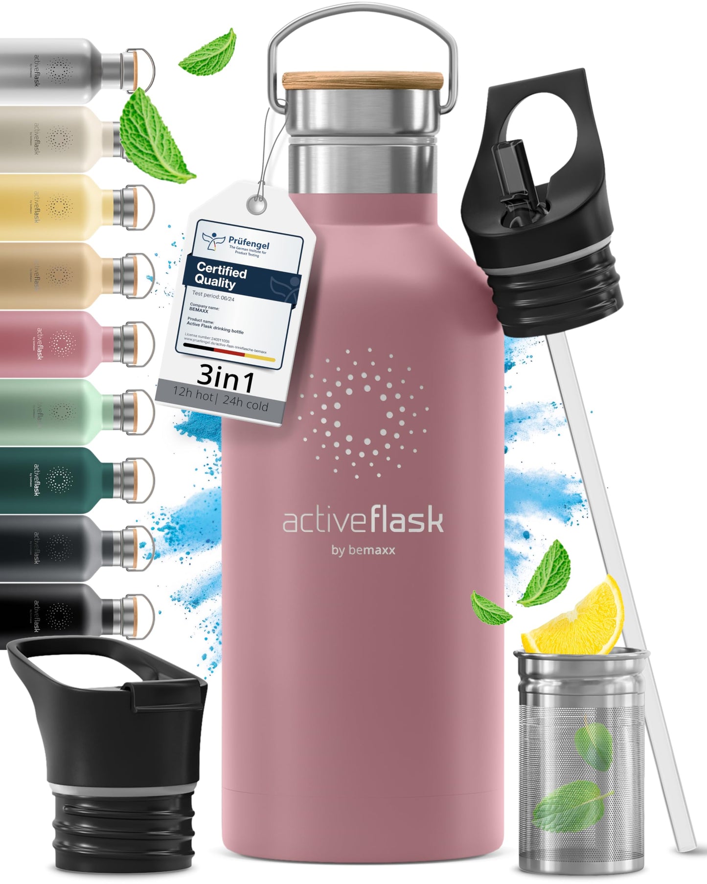 Gourde Inox Isotherme avec 3 Bouchons + Infuseur Thé/Fruits | Sans BPA