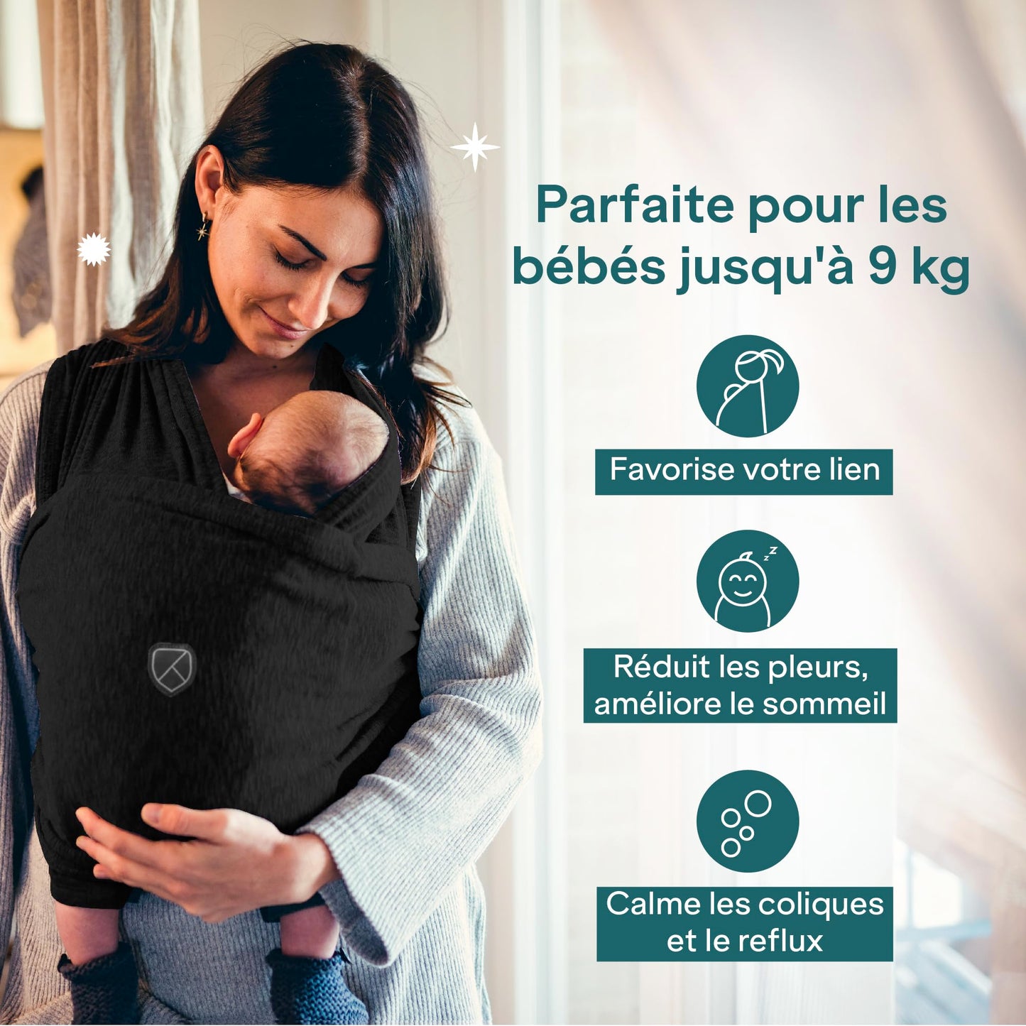 Koala Bébé Écharpe de Portage Réglable – Facile à Enfiler, Unisexe, Noir