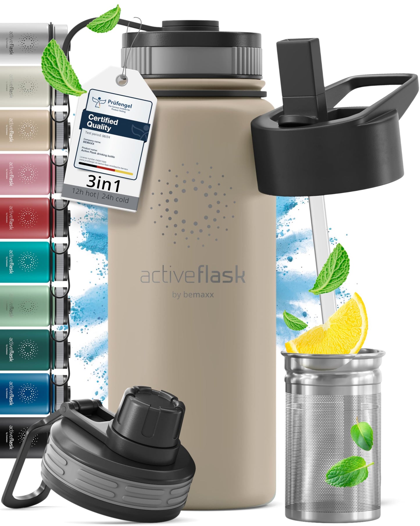 Gourde Inox Isotherme avec 3 Bouchons + Infuseur Thé/Fruits | Sans BPA