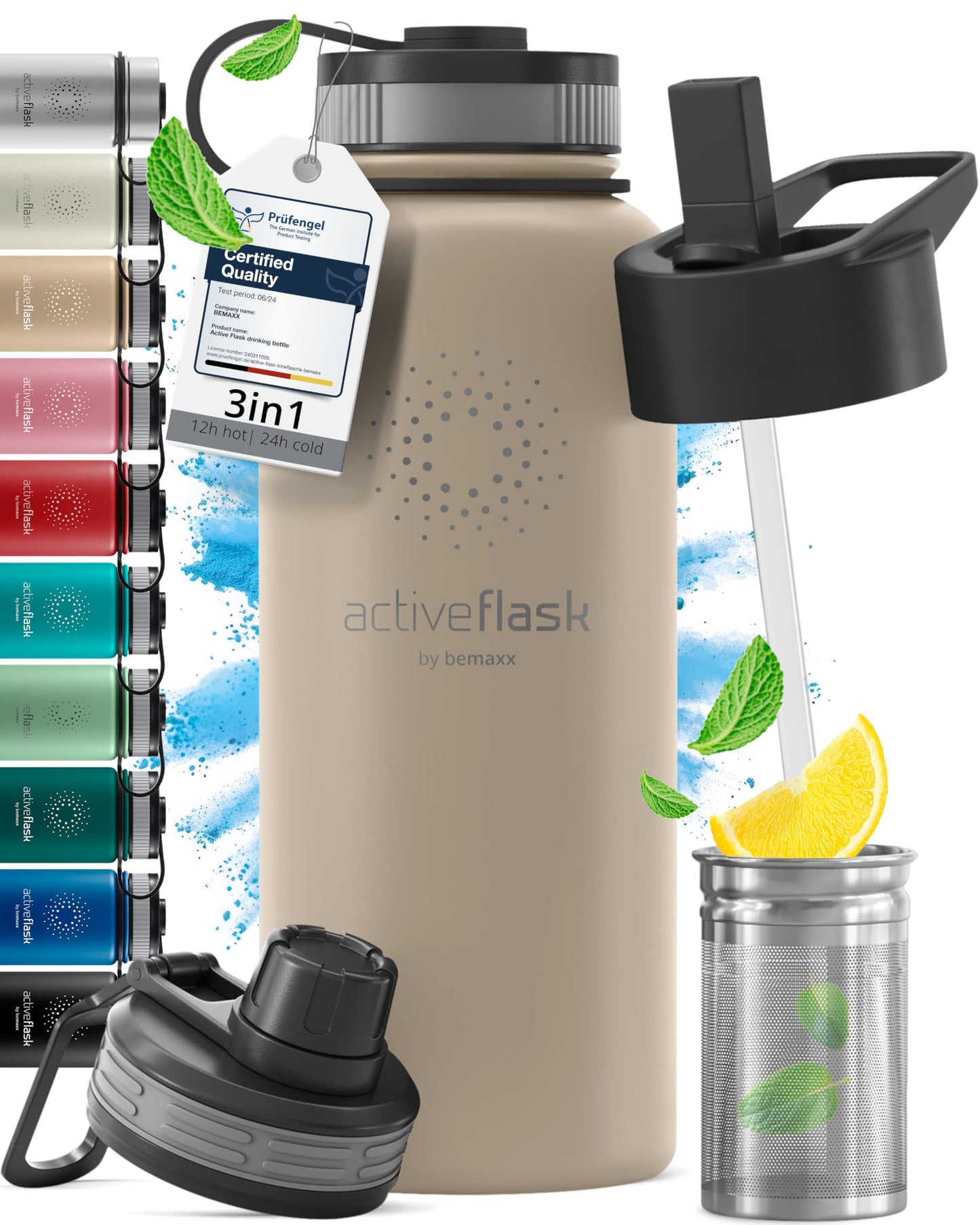 Gourde Inox Isotherme avec 3 Bouchons + Infuseur Thé/Fruits | Sans BPA