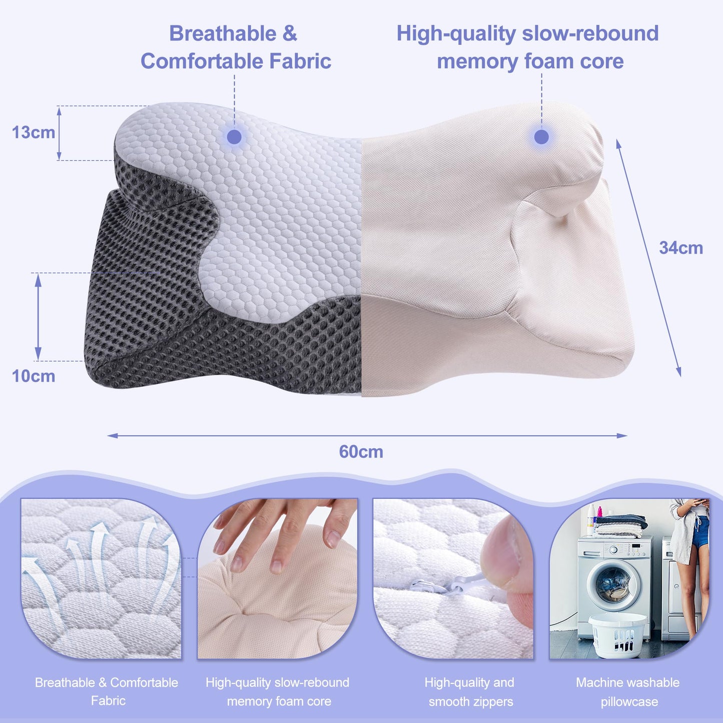 Oreiller Cervical Ergonomique en Mousse à Mémoire – Confort Absolu pour un Sommeil Réparateur