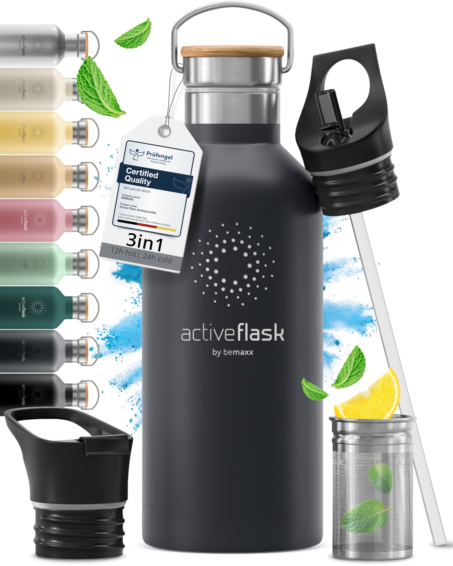 Gourde Inox Isotherme avec 3 Bouchons + Infuseur Thé/Fruits | Sans BPA