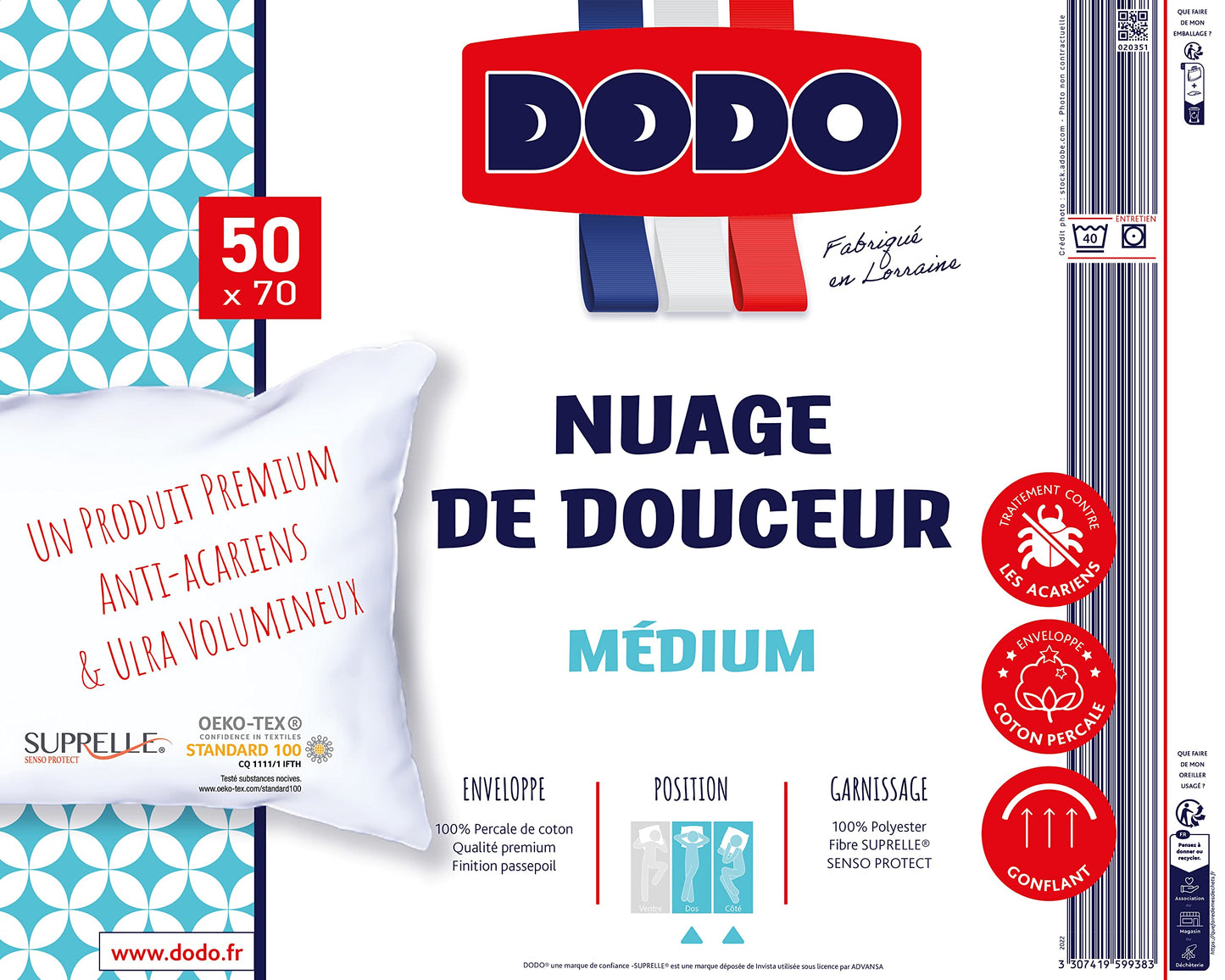 Oreiller Nuage de Douceur | Anti-acariens et Gonflant | Fabriqué en France