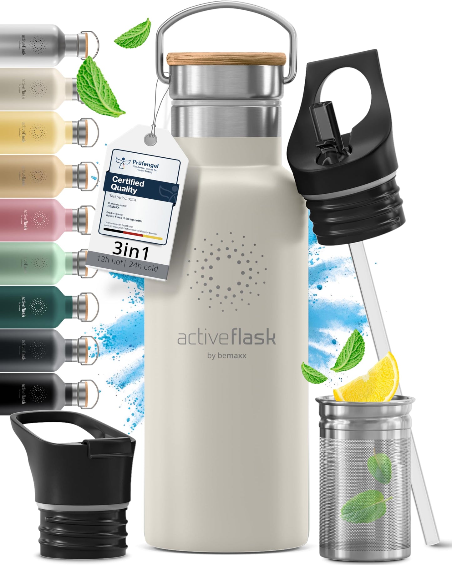 Gourde Inox Isotherme avec 3 Bouchons + Infuseur Thé/Fruits | Sans BPA