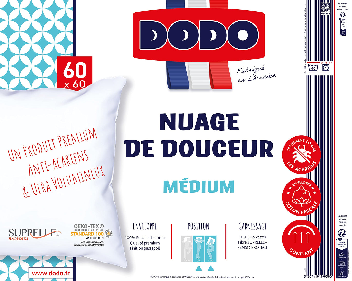 Oreiller Nuage de Douceur | Anti-acariens et Gonflant | Fabriqué en France