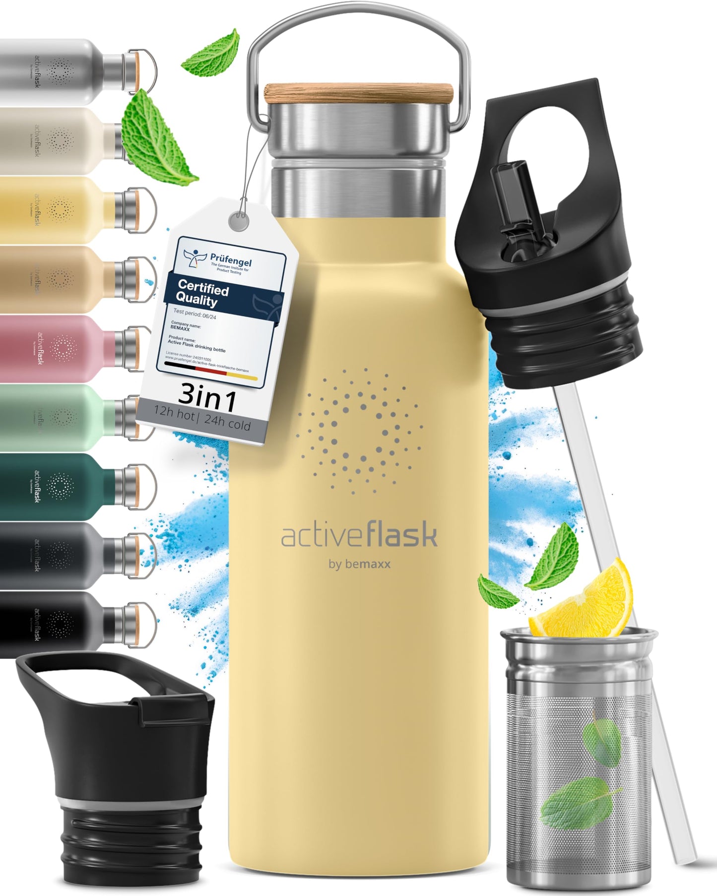 Gourde Inox Isotherme avec 3 Bouchons + Infuseur Thé/Fruits | Sans BPA