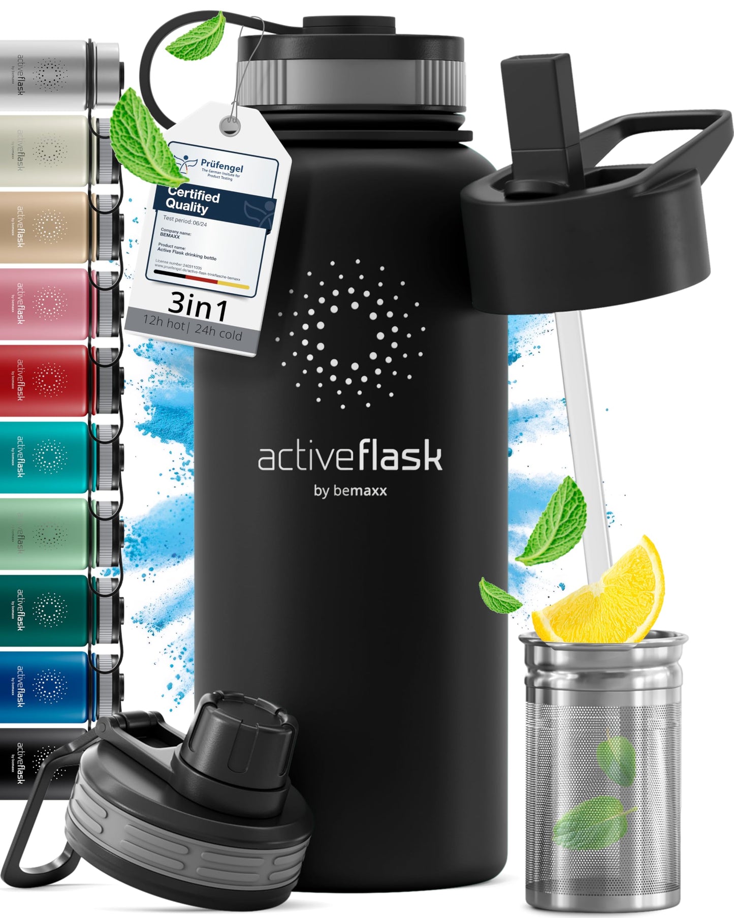 Gourde Inox Isotherme avec 3 Bouchons + Infuseur Thé/Fruits | Sans BPA