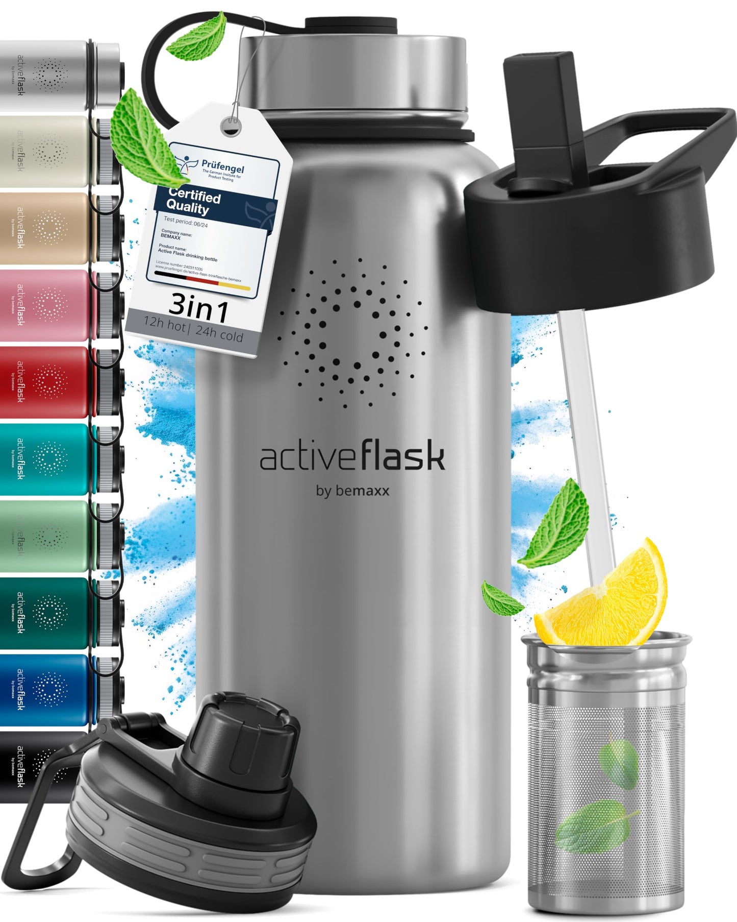 Gourde Inox Isotherme avec 3 Bouchons + Infuseur Thé/Fruits | Sans BPA
