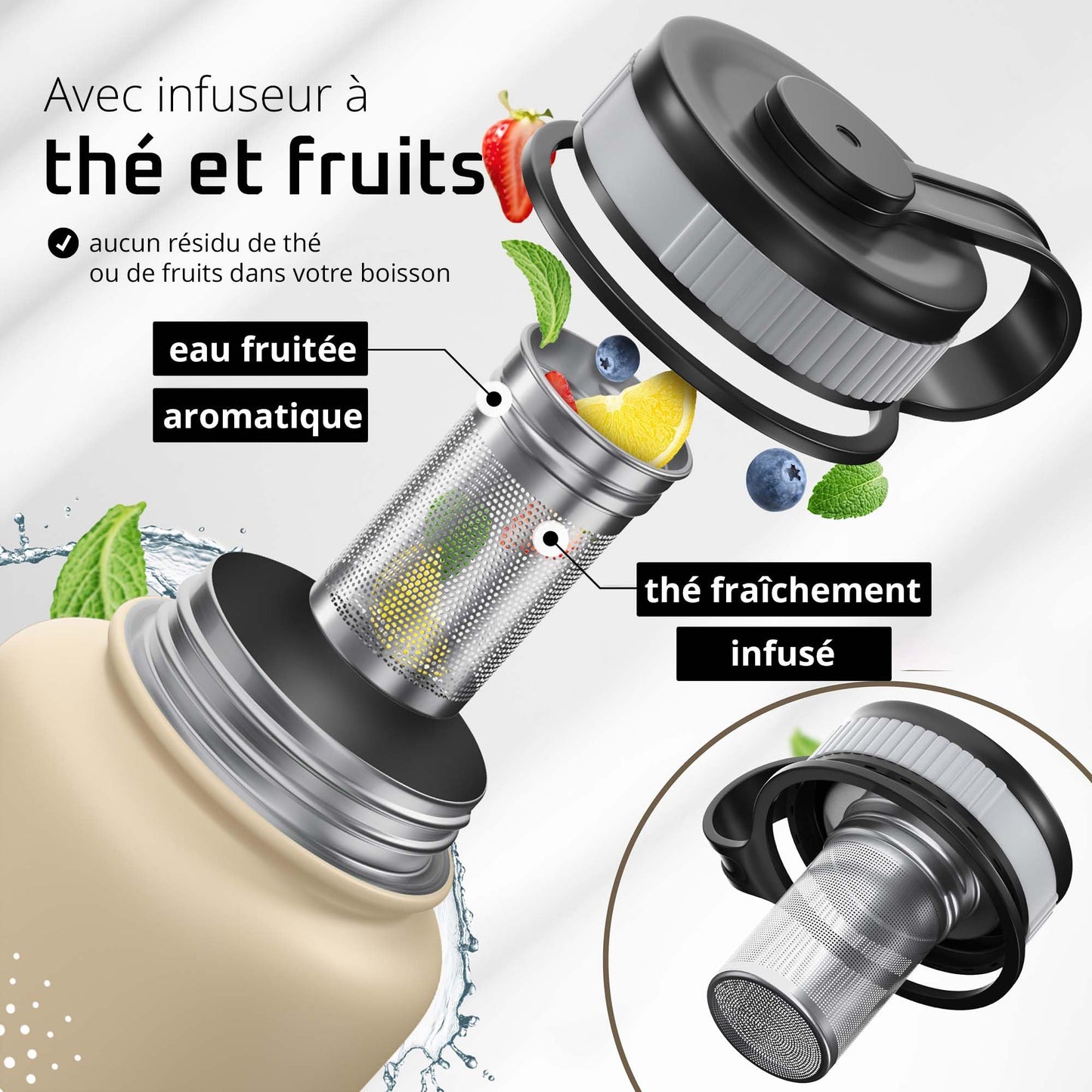 Gourde Inox Isotherme avec 3 Bouchons + Infuseur Thé/Fruits | Sans BPA