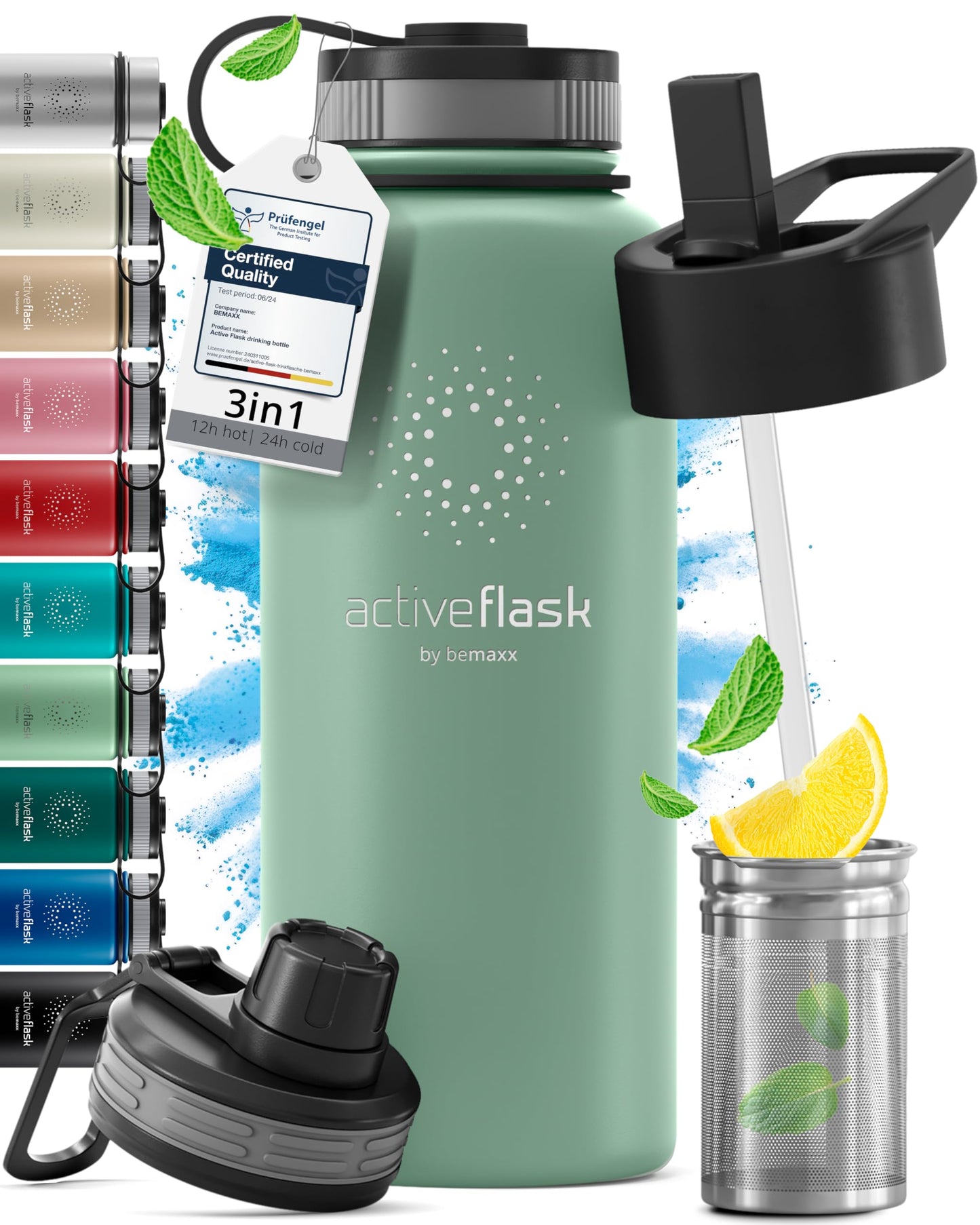 Gourde Inox Isotherme avec 3 Bouchons + Infuseur Thé/Fruits | Sans BPA