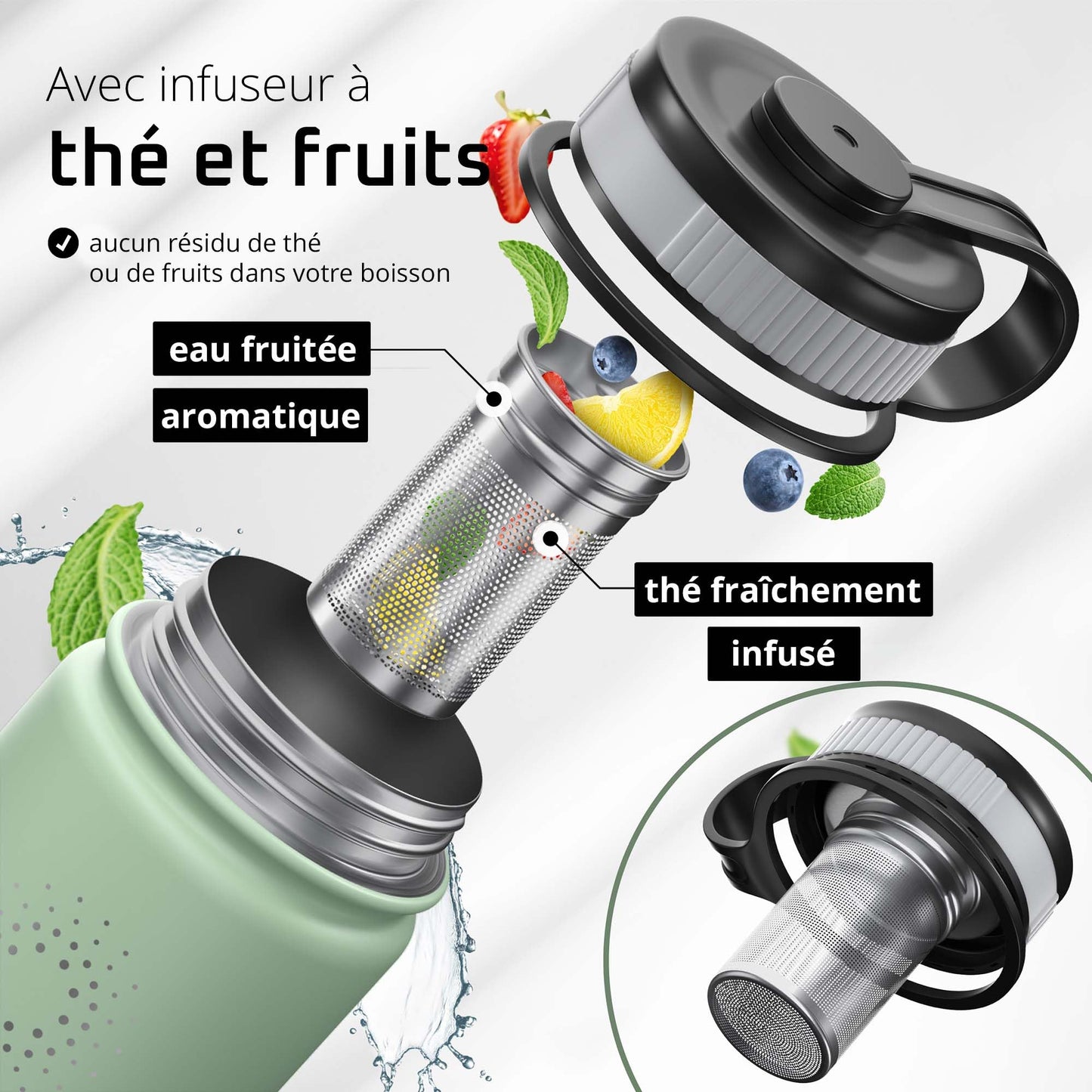 Gourde Inox Isotherme avec 3 Bouchons + Infuseur Thé/Fruits | Sans BPA