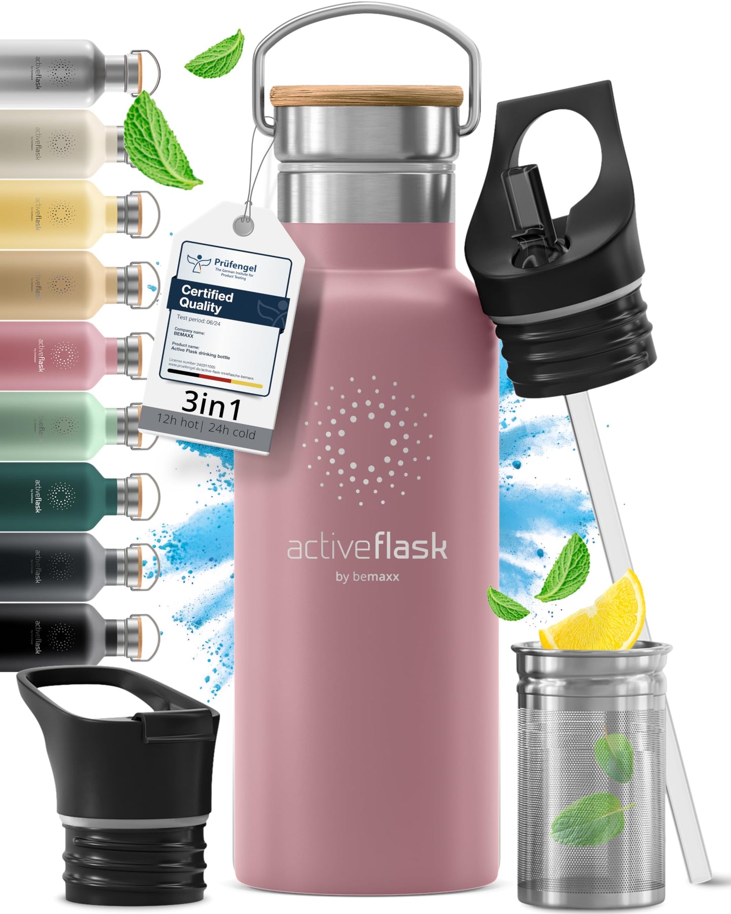 Gourde Inox Isotherme avec 3 Bouchons + Infuseur Thé/Fruits | Sans BPA