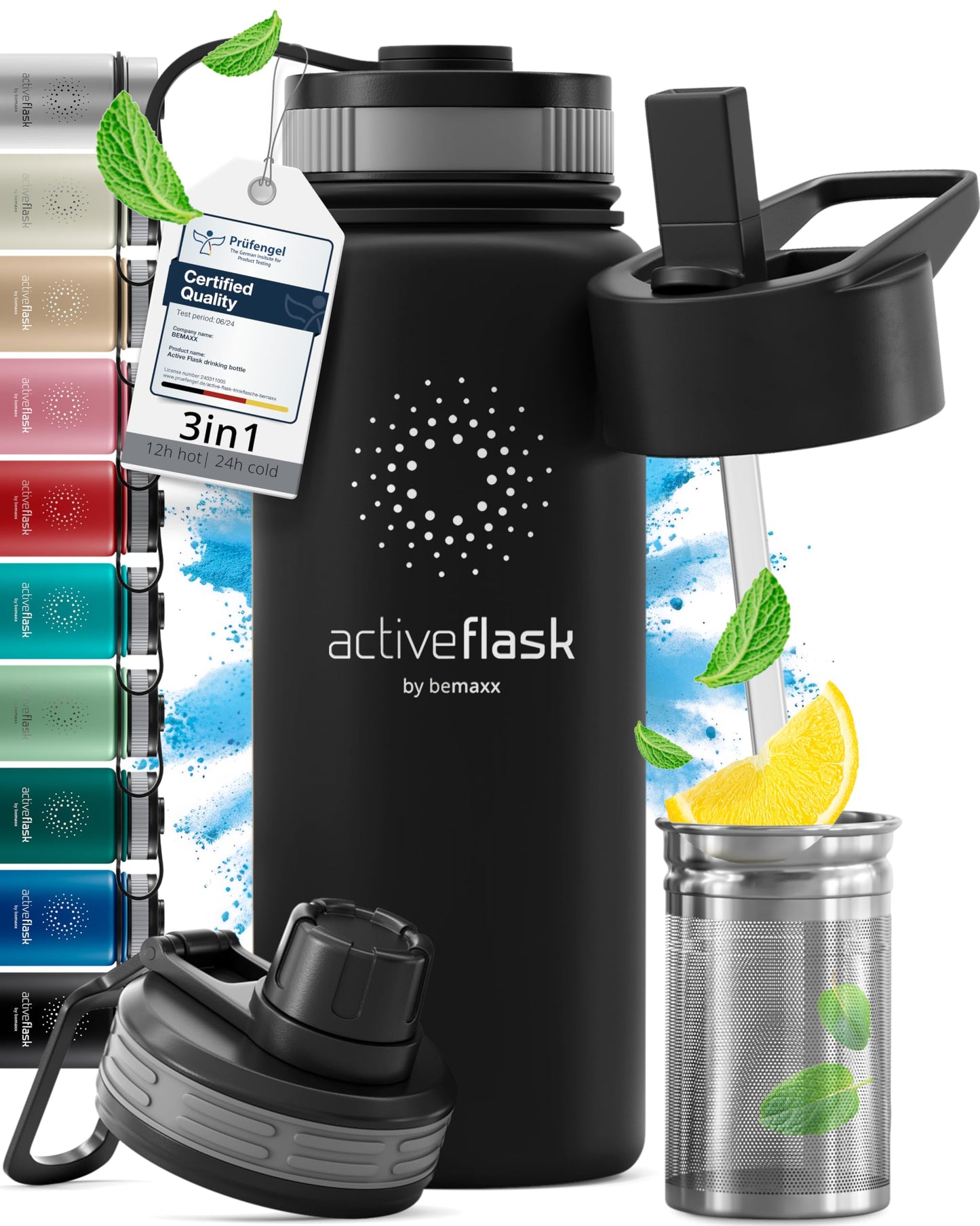 Gourde Inox Isotherme avec 3 Bouchons + Infuseur Thé/Fruits | Sans BPA