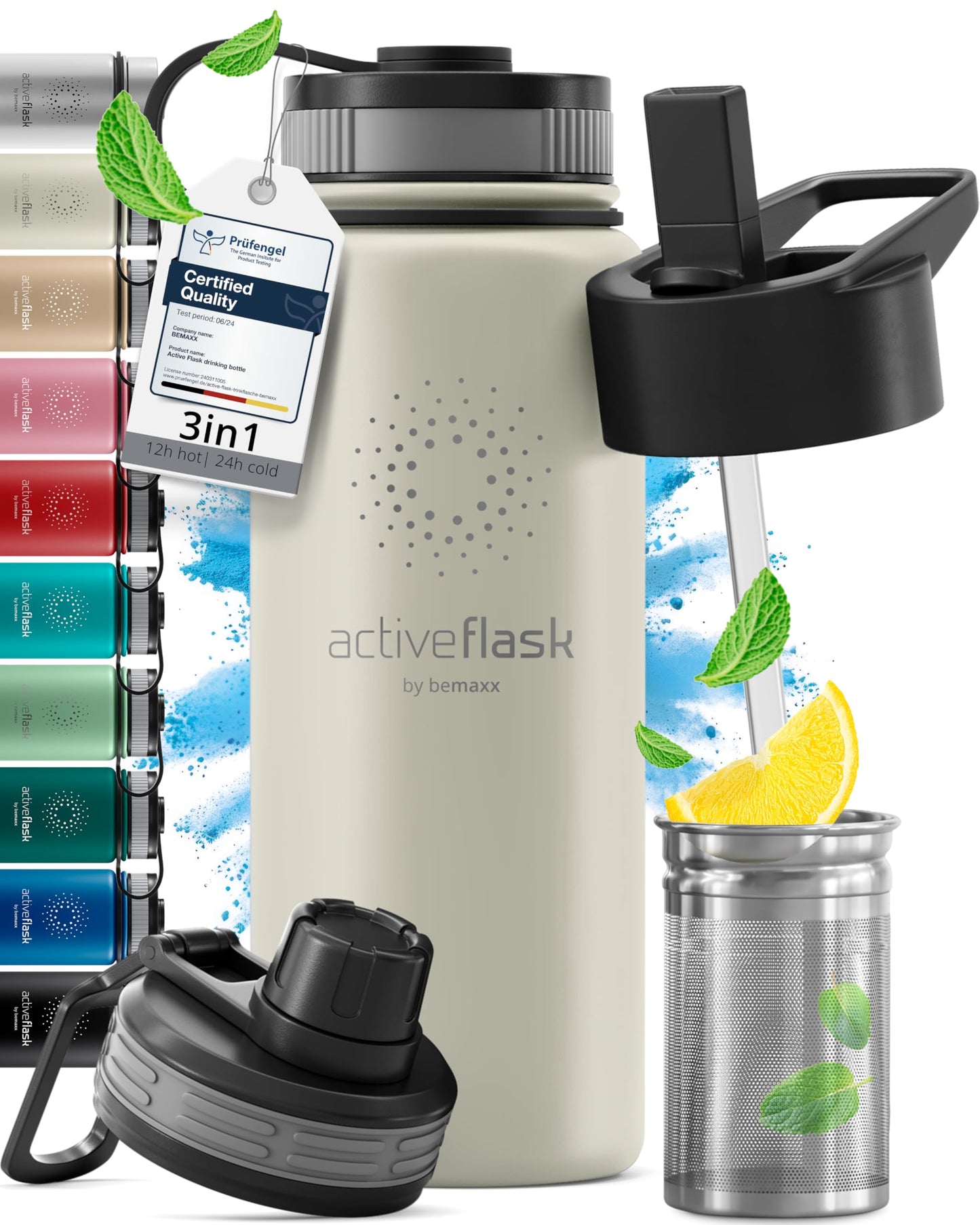 Gourde Inox Isotherme avec 3 Bouchons + Infuseur Thé/Fruits | Sans BPA
