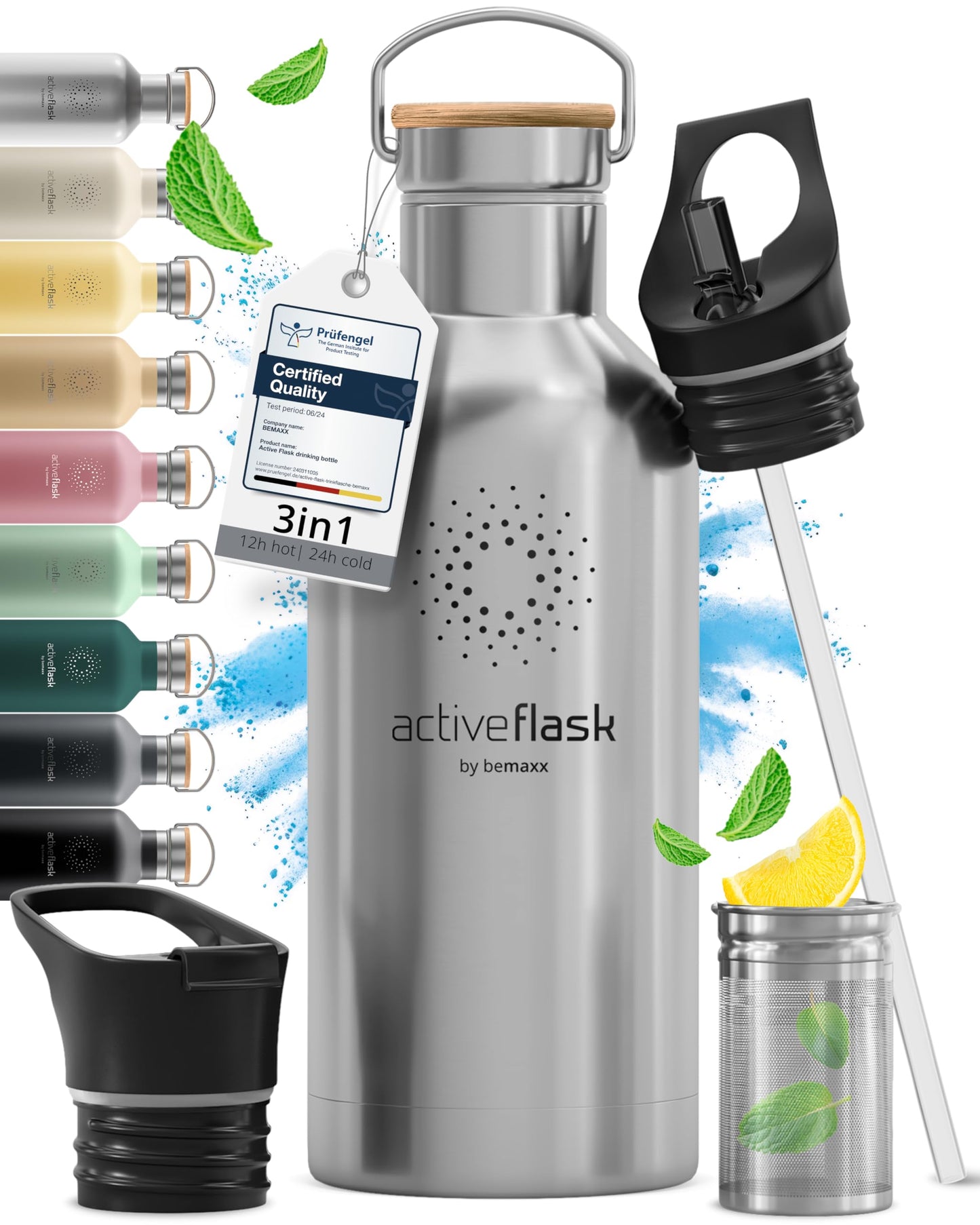 Gourde Inox Isotherme avec 3 Bouchons + Infuseur Thé/Fruits | Sans BPA
