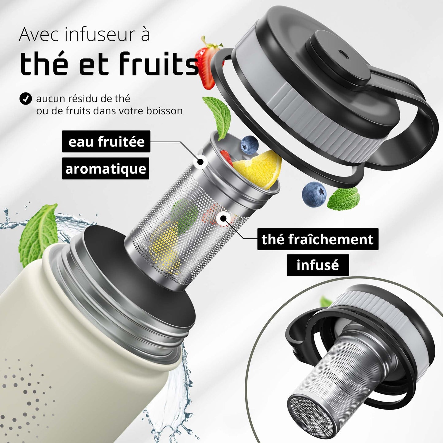 Gourde Inox Isotherme avec 3 Bouchons + Infuseur Thé/Fruits | Sans BPA