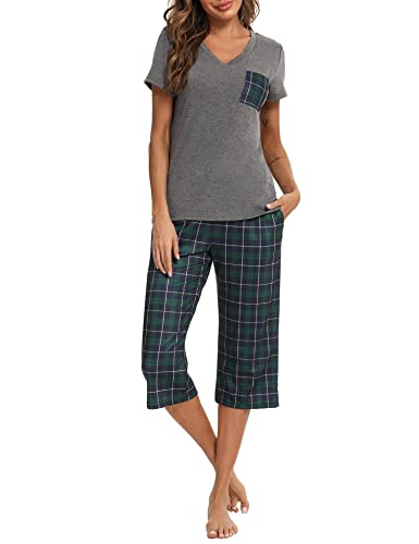 Pyjama Femme Été en Coton à Carreaux – Ensemble 2 Pièces Manche Courte et Pantalon Capri