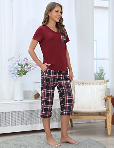 Pyjama Femme Été en Coton à Carreaux – Ensemble 2 Pièces Manche Courte et Pantalon Capri