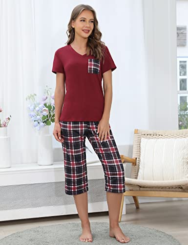 Pyjama Femme Été en Coton à Carreaux – Ensemble 2 Pièces Manche Courte et Pantalon Capri