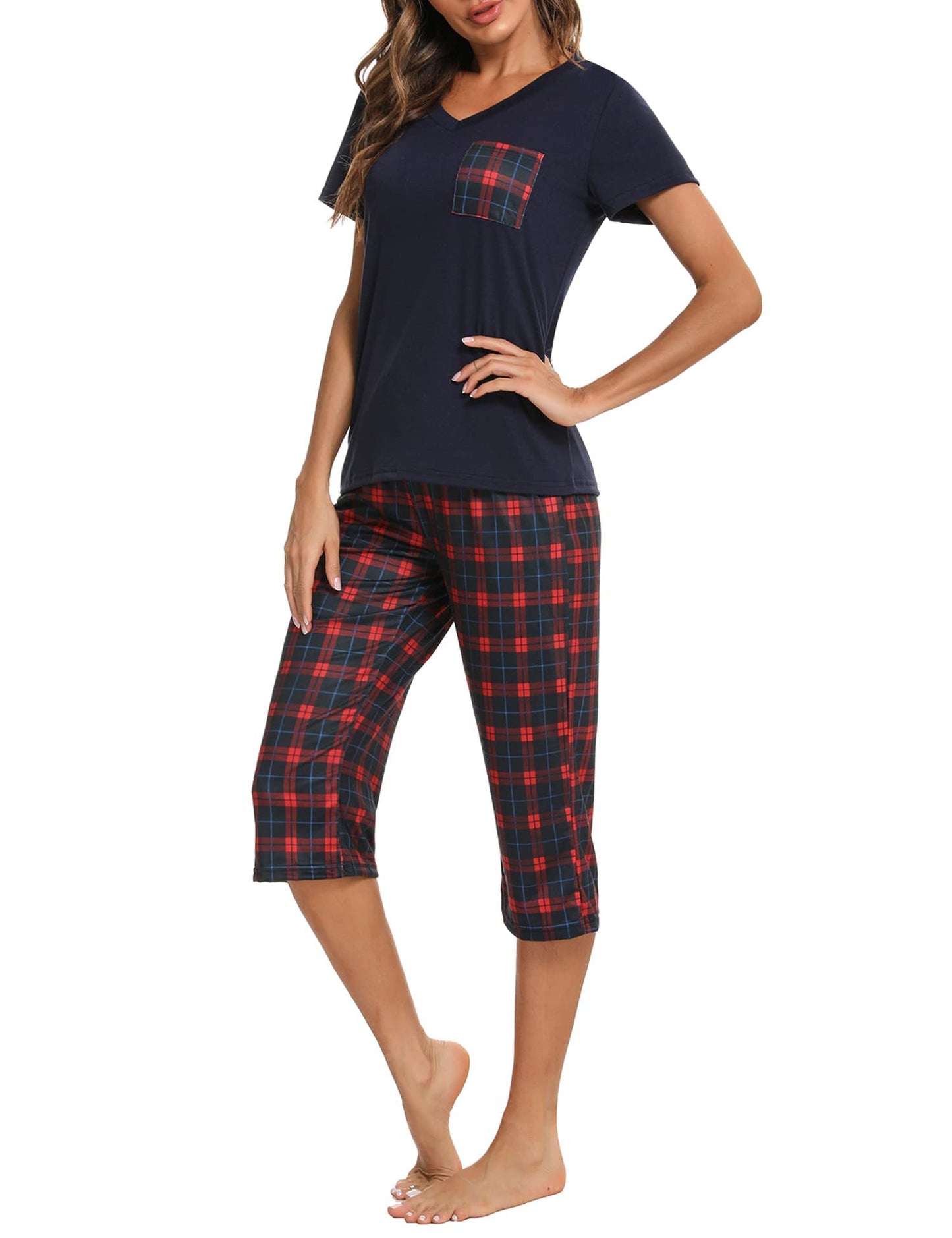 Pyjama Femme Été en Coton à Carreaux – Ensemble 2 Pièces Manche Courte et Pantalon Capri