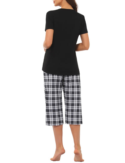 Pyjama Femme Été en Coton à Carreaux – Ensemble 2 Pièces Manche Courte et Pantalon Capri