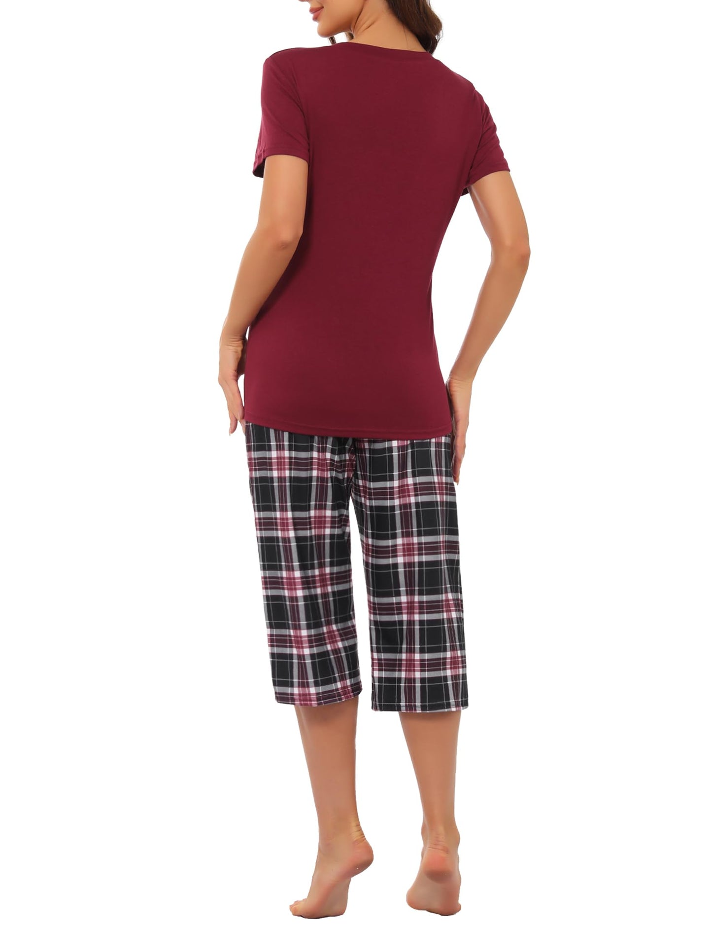 Pyjama Femme Été en Coton à Carreaux – Ensemble 2 Pièces Manche Courte et Pantalon Capri