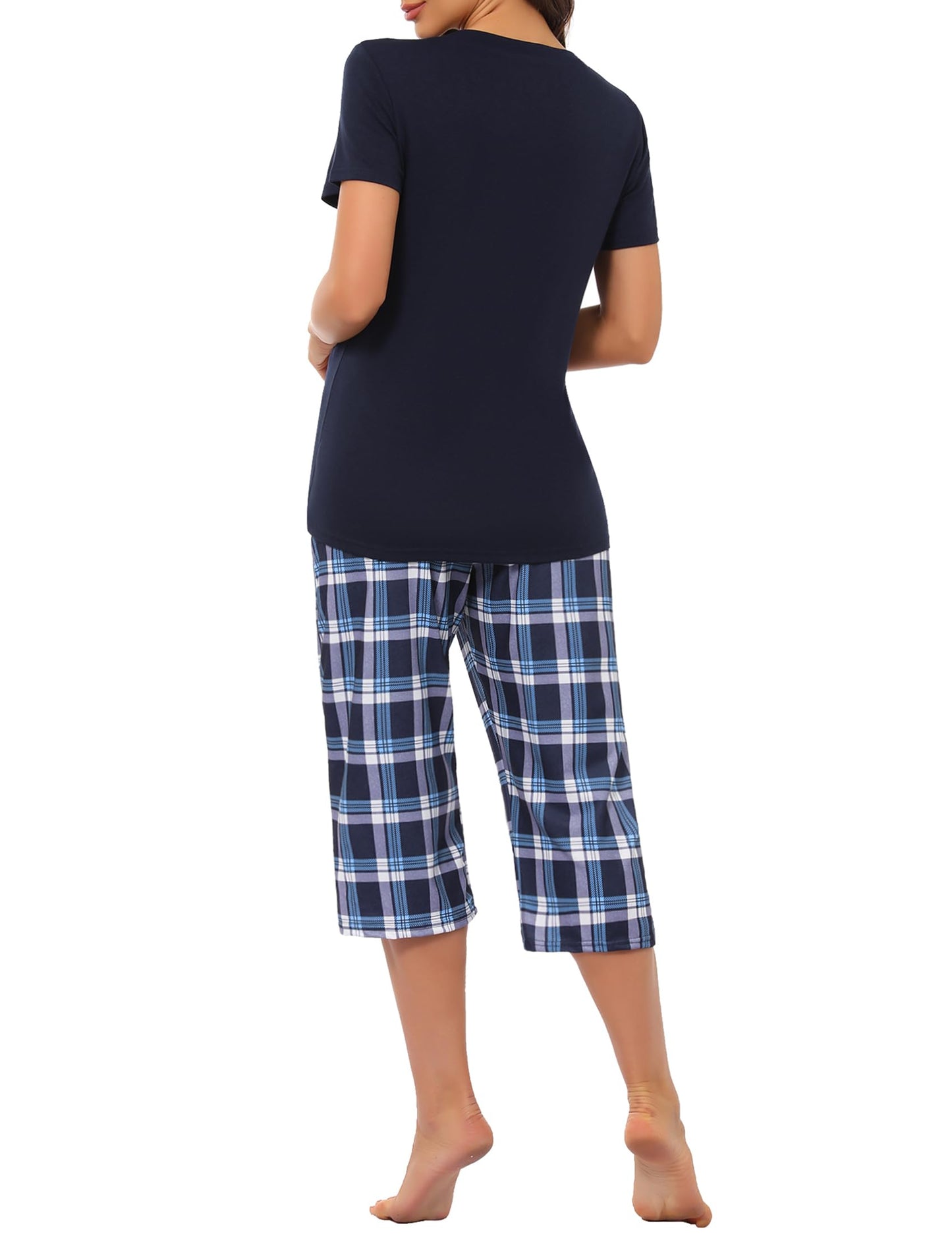 Pyjama Femme Été en Coton à Carreaux – Ensemble 2 Pièces Manche Courte et Pantalon Capri