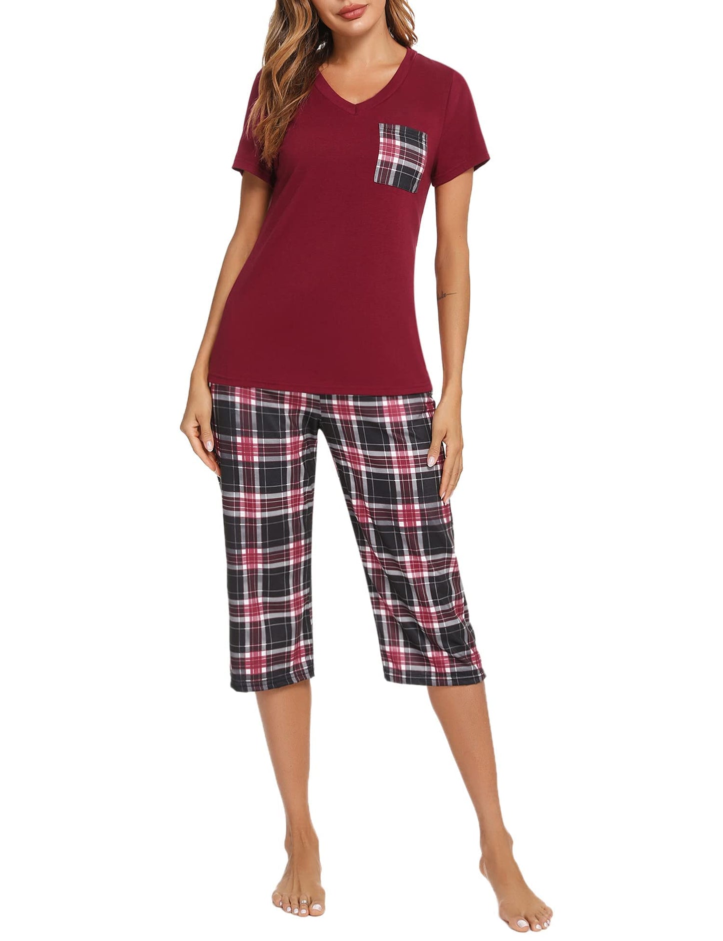 Pyjama Femme Été en Coton à Carreaux – Ensemble 2 Pièces Manche Courte et Pantalon Capri