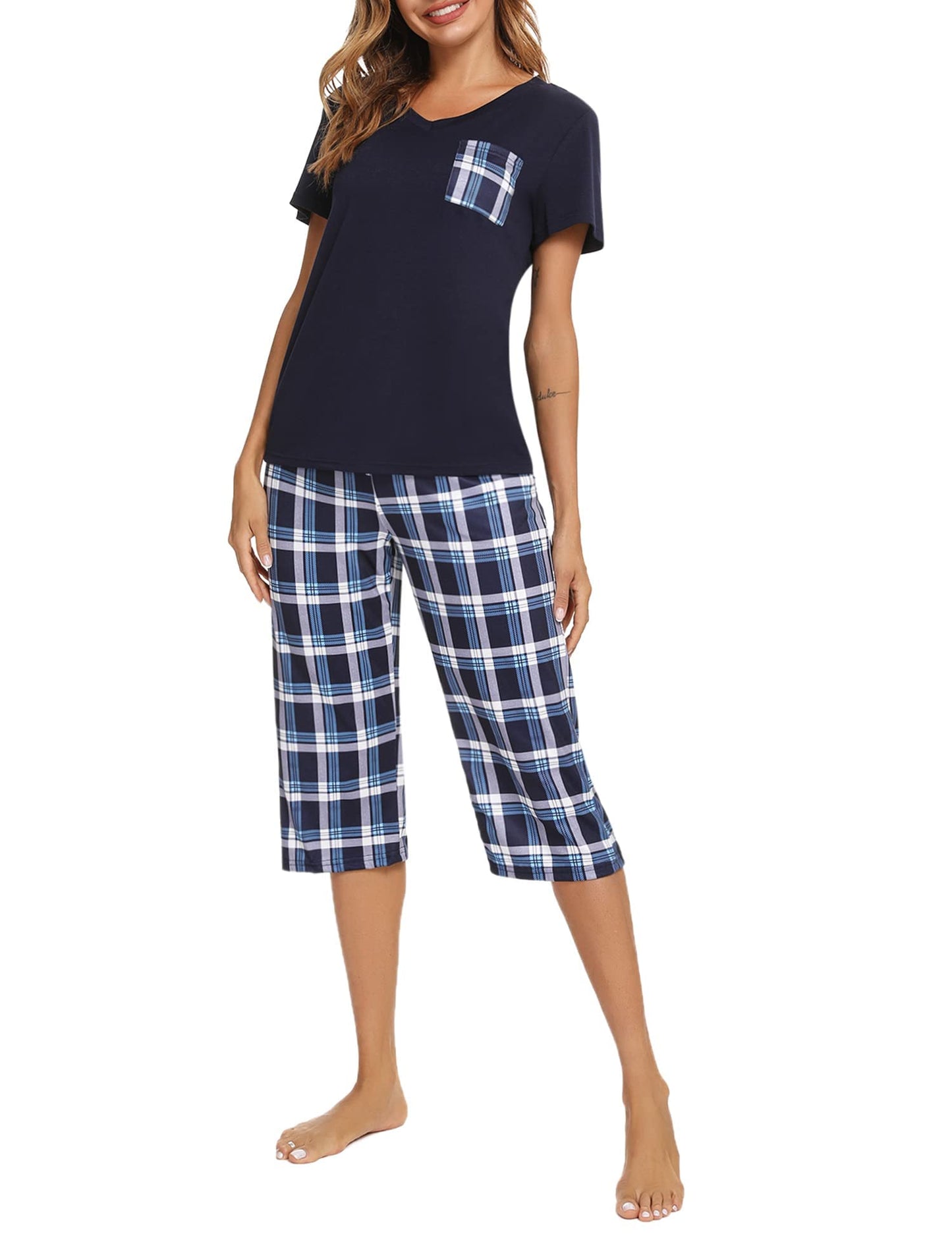 Pyjama Femme Été en Coton à Carreaux – Ensemble 2 Pièces Manche Courte et Pantalon Capri