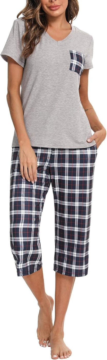 Pyjama Femme Été en Coton à Carreaux – Ensemble 2 Pièces Manche Courte et Pantalon Capri