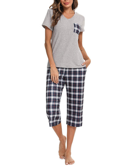 Pyjama Femme Été en Coton à Carreaux – Ensemble 2 Pièces Manche Courte et Pantalon Capri