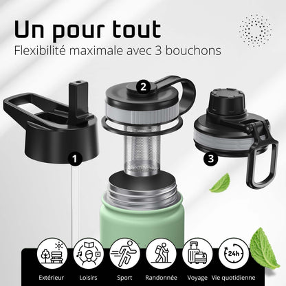 Gourde Inox Isotherme  avec 3 Bouchons + Infuseur Thé/Fruits | Sans BPA