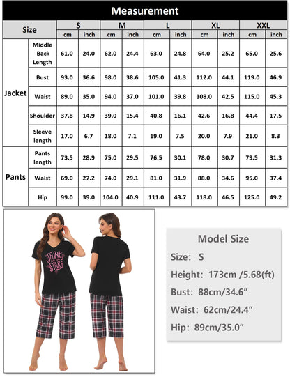 Pyjama Femme Été en Coton à Carreaux – Ensemble 2 Pièces Manche Courte et Pantalon Capri