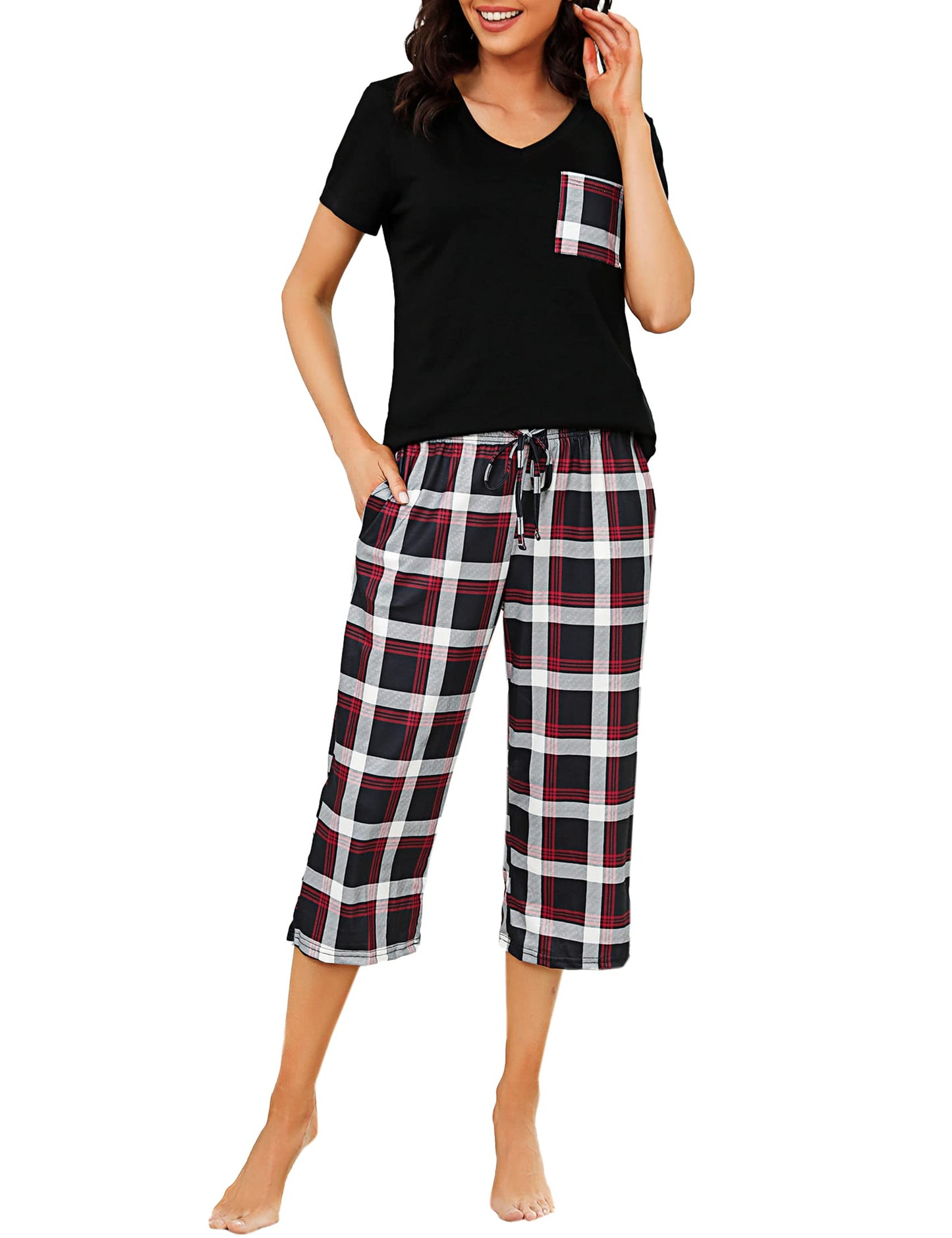 Pyjama Femme Été en Coton à Carreaux – Ensemble 2 Pièces Manche Courte et Pantalon Capri