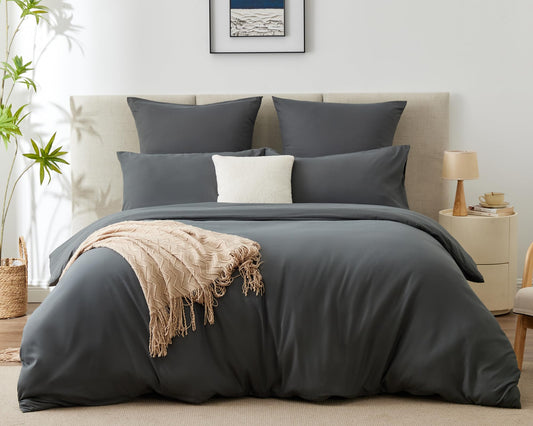 WAVVE Housse de Couette 140x200 cm avec 1 Taie d'oreiller 65x65 cm，Parure de Lit 1 Personne pour lit 90x190 avec Fermeture Éclair Sets de Housse Couette en Microfibre, Gris Foncé 140 x 200