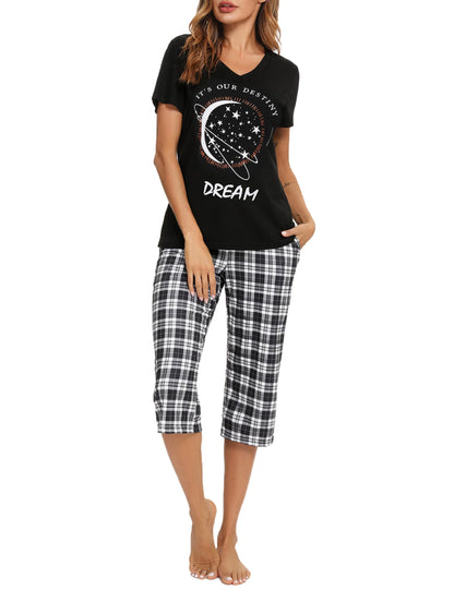 Pyjama Femme Été en Coton à Carreaux – Ensemble 2 Pièces Manche Courte et Pantalon Capri