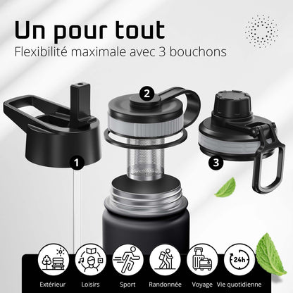 Gourde Inox Isotherme  avec 3 Bouchons + Infuseur Thé/Fruits | Sans BPA