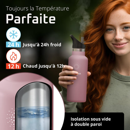 Gourde Inox Isotherme  avec 3 Bouchons + Infuseur Thé/Fruits | Sans BPA