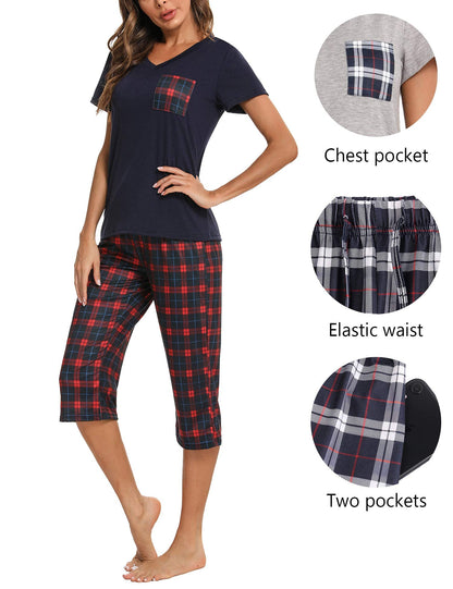 Pyjama Femme Été en Coton à Carreaux – Ensemble 2 Pièces Manche Courte et Pantalon Capri