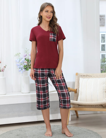 Pyjama Femme Été en Coton à Carreaux – Ensemble 2 Pièces Manche Courte et Pantalon Capri