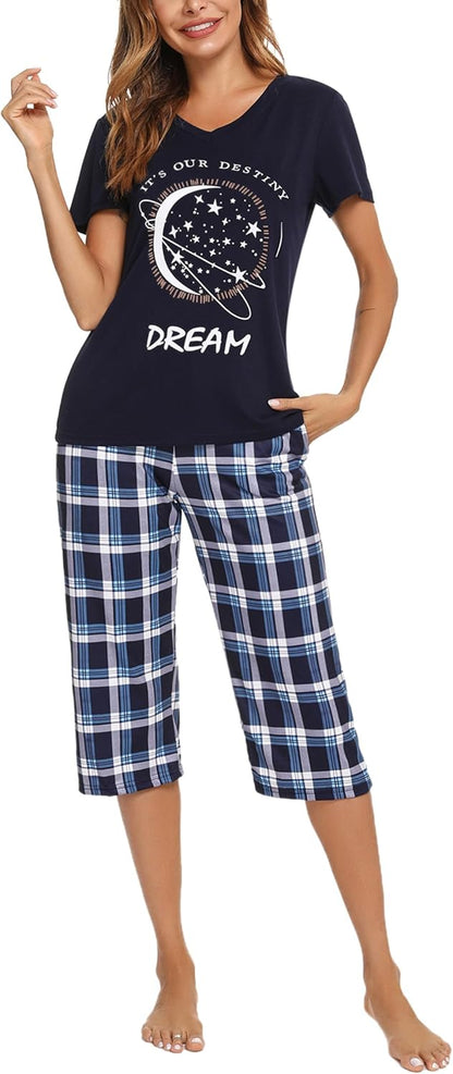 Pyjama Femme Été en Coton à Carreaux – Ensemble 2 Pièces Manche Courte et Pantalon Capri